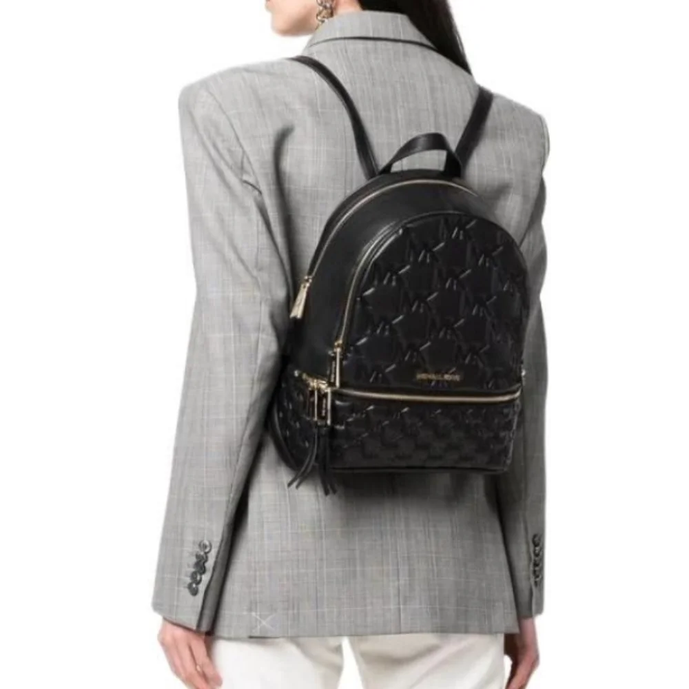 Michael Kors Rhea Logo Embossed Medium Black Backpack - Picture 2 of 3